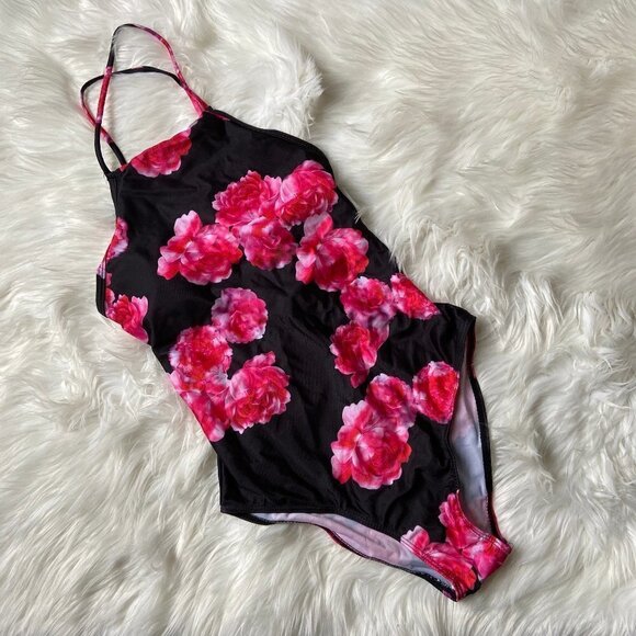 Zaful Black Pink Floral lace up Swimsuit M… - Picture 1 of 8